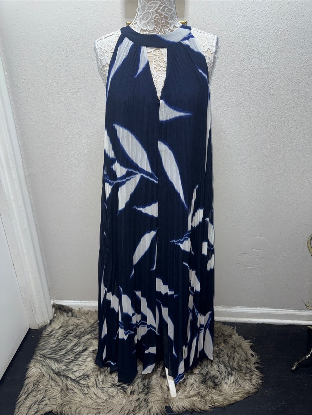 Estelle Navy & White Halter Maxi Dress with Leaf Print